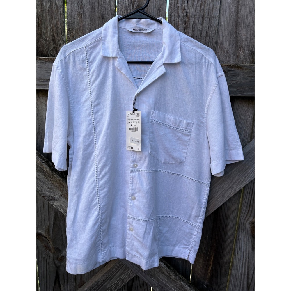 NWT Zara Women White Linen Blend Ladder Stitch Short Sleeve Button Down Shirt S